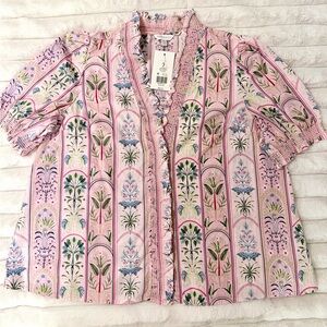 *NWT* Crown & Ivy Pink Palm Stripe Ruffle Neck Blouse. Sz. XL